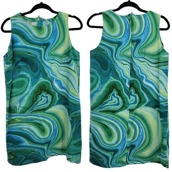 Vintage 70's Handmade GoGo Dress L Aqua Blue Green Swirl Sleeveless Mini Shift - Picture 1 of 9